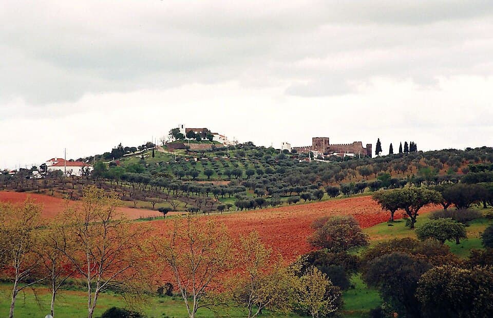 Castelo de Terena no alto da colina, rodeado por campos