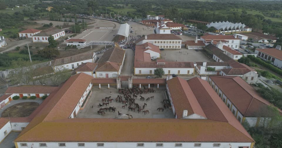 Vista aérea dos pátios e cavalariças da Coudelaria de Alter