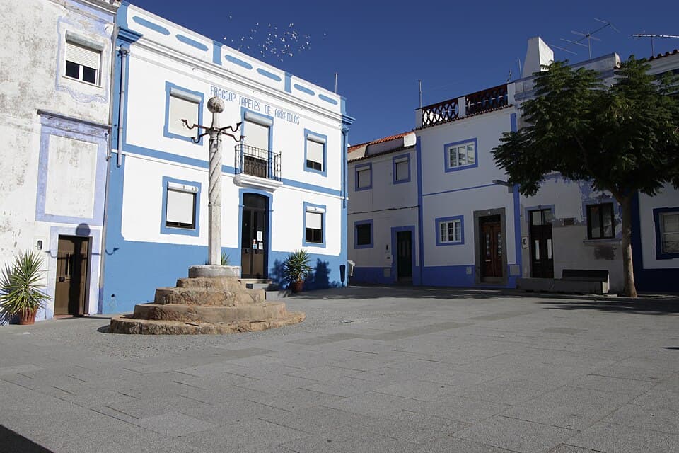 Pelourinho de Arraiolos diante de edifícios brancos e azuis