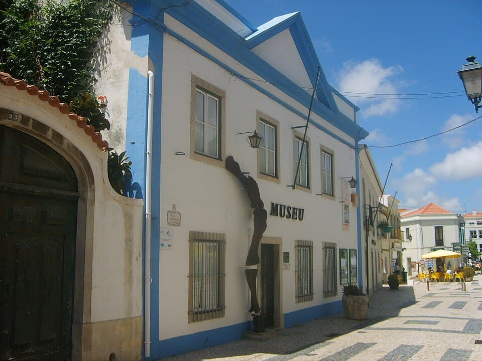 Fachada branca e azul do Museu da Lourinhã numa rua do centro da vila