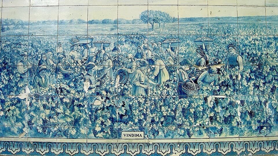 Painel de azulejos da vindima na Estação de Canas-Felgueira, concelho de Nelas