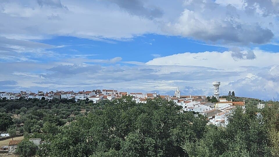 Casario branco da vila de Montalvão entre olivais e sob nuvens largas