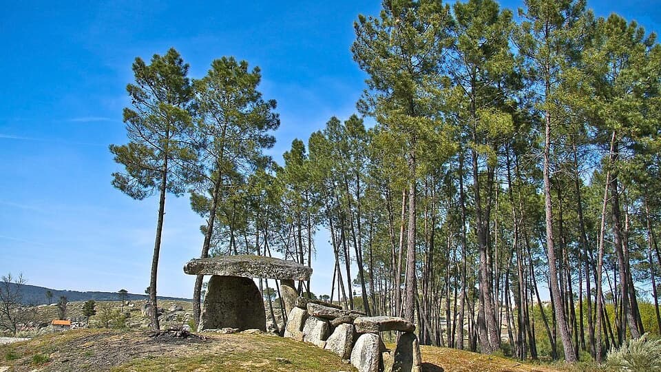 Esteios e laje de cobertura da Anta do Penedo do Com, em Esmolfe, Penalva do Castelo