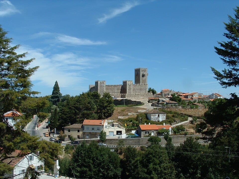 Castelo do Sabugal no alto, acima do casario e das árvores