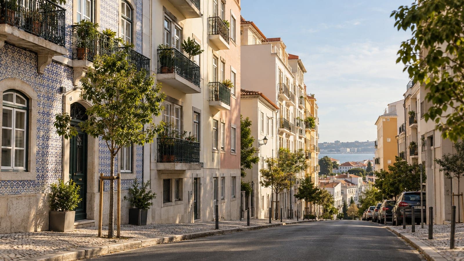 Ilustração gerada por IA de edifícios residenciais numa rua portuguesa fictícia, sem representar uma transação ou local identificado.