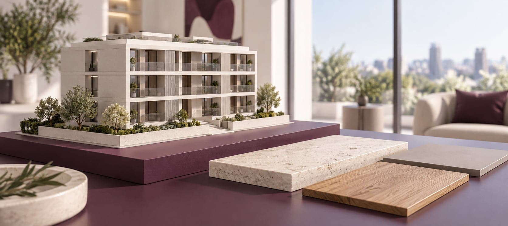 Ilustração gerada por IA de uma maquete de apartamentos junto de amostras de pedra, madeira e cerâmica; empreendimento fictício.