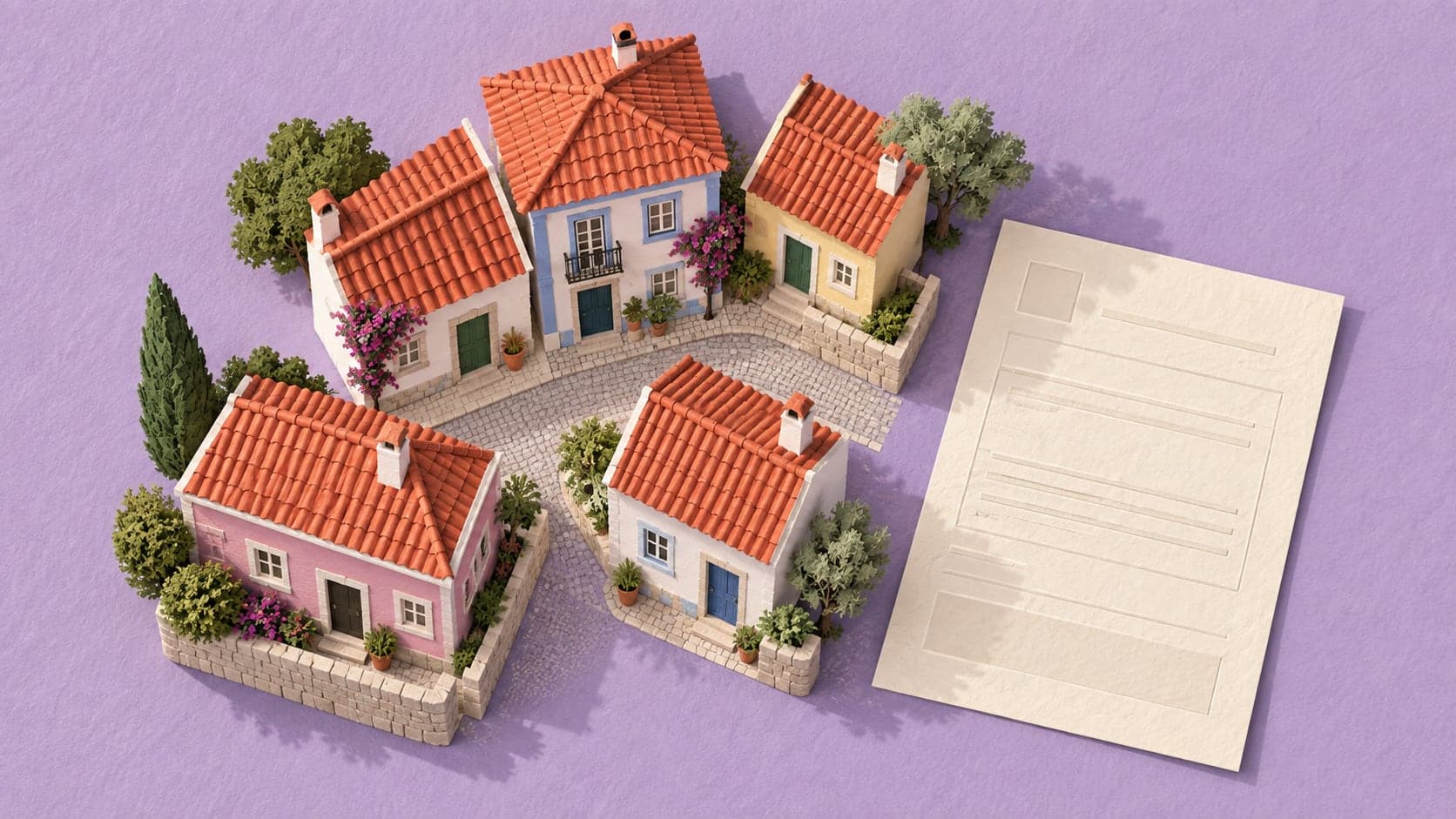 Ilustração conceptual gerada de pequenas casas com telhados de terracota junto de uma folha em relevo, sobre fundo lilás.