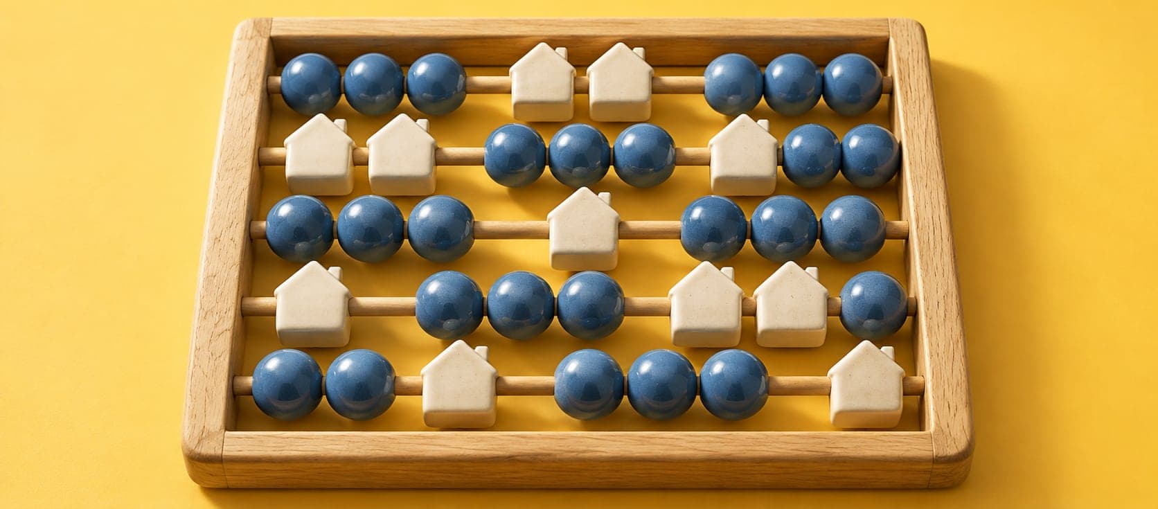 Ilustração gerada por IA de um ábaco em madeira com contas azuis e peças em forma de casa sobre fundo amarelo; composição simbólica, sem dados estatísticos.