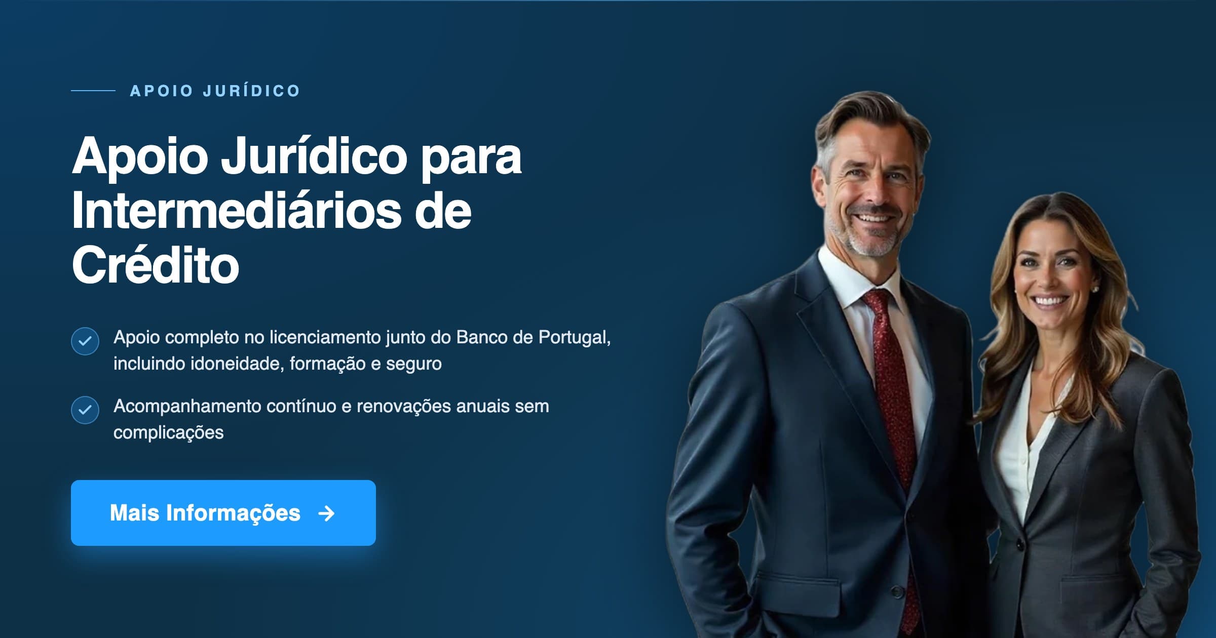 Capa promocional do CRM Crédito sobre apoio jurídico a intermediários, com dois profissionais e a expressão «renovações anuais».