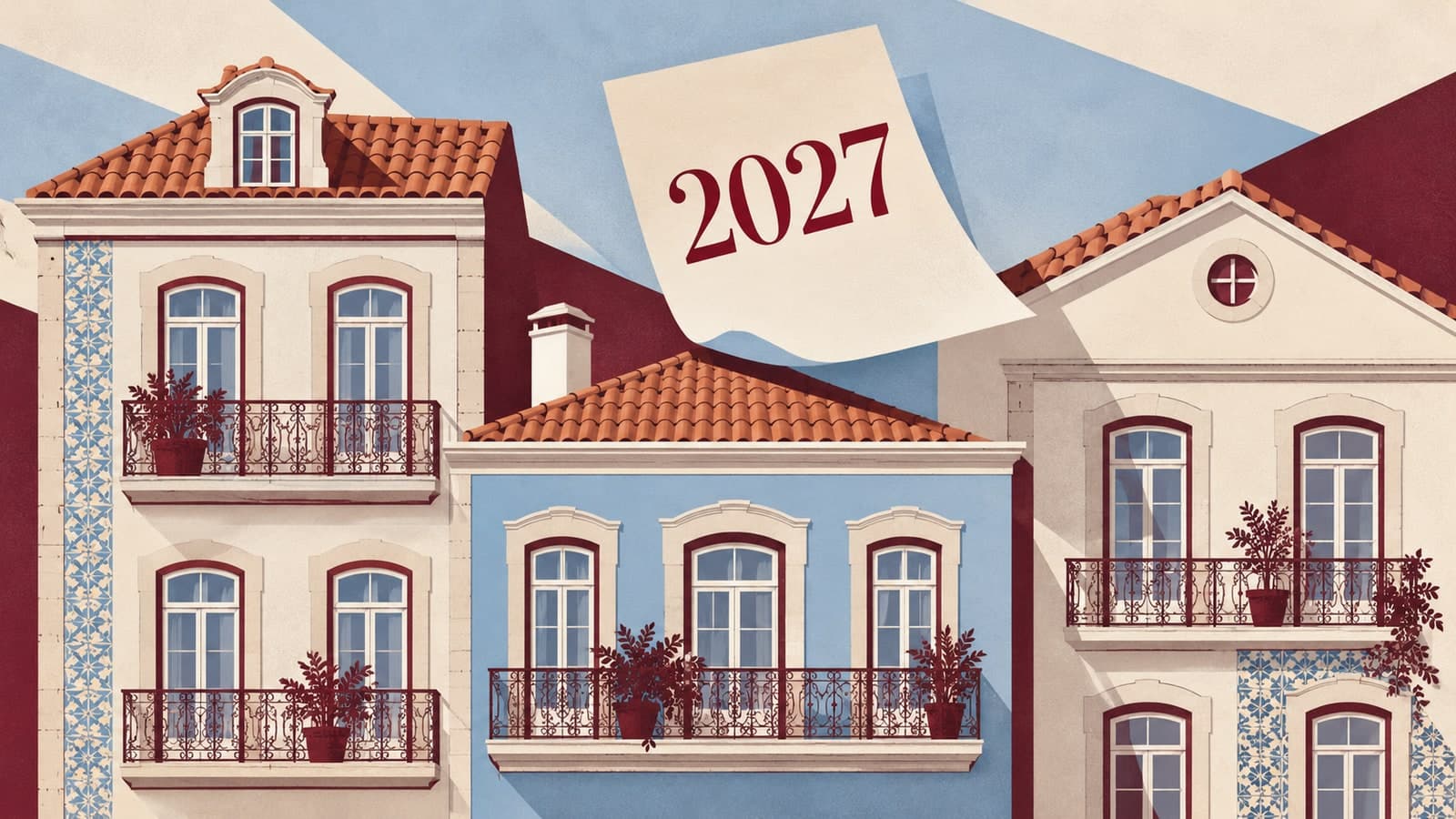 Ilustração editorial gerada por IA de três fachadas residenciais portuguesas fictícias, com varandas, azulejos e uma folha com o ano 2027, em azul claro, bordeaux e creme.