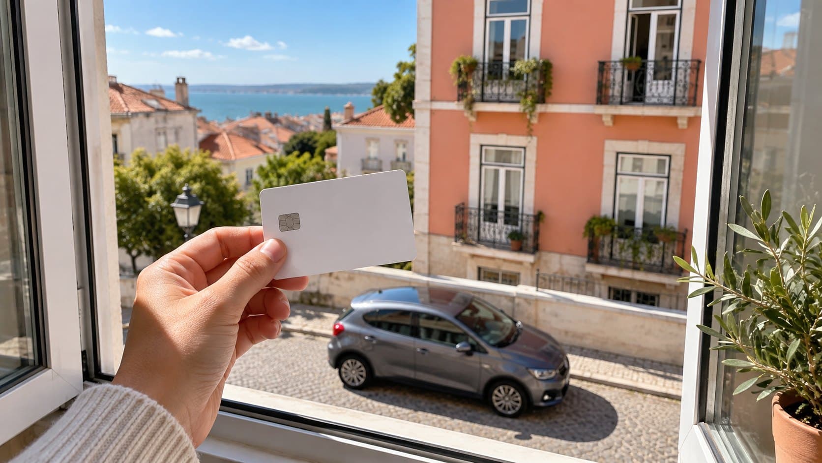 Ilustração gerada de uma mão com um cartão sem marca junto a uma janela, com um automóvel e prédios ao fundo.
