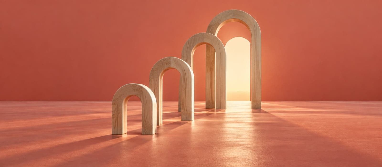Ilustração gerada por IA de uma sequência de arcos em madeira sobre fundo coral, representando a passagem do tempo.