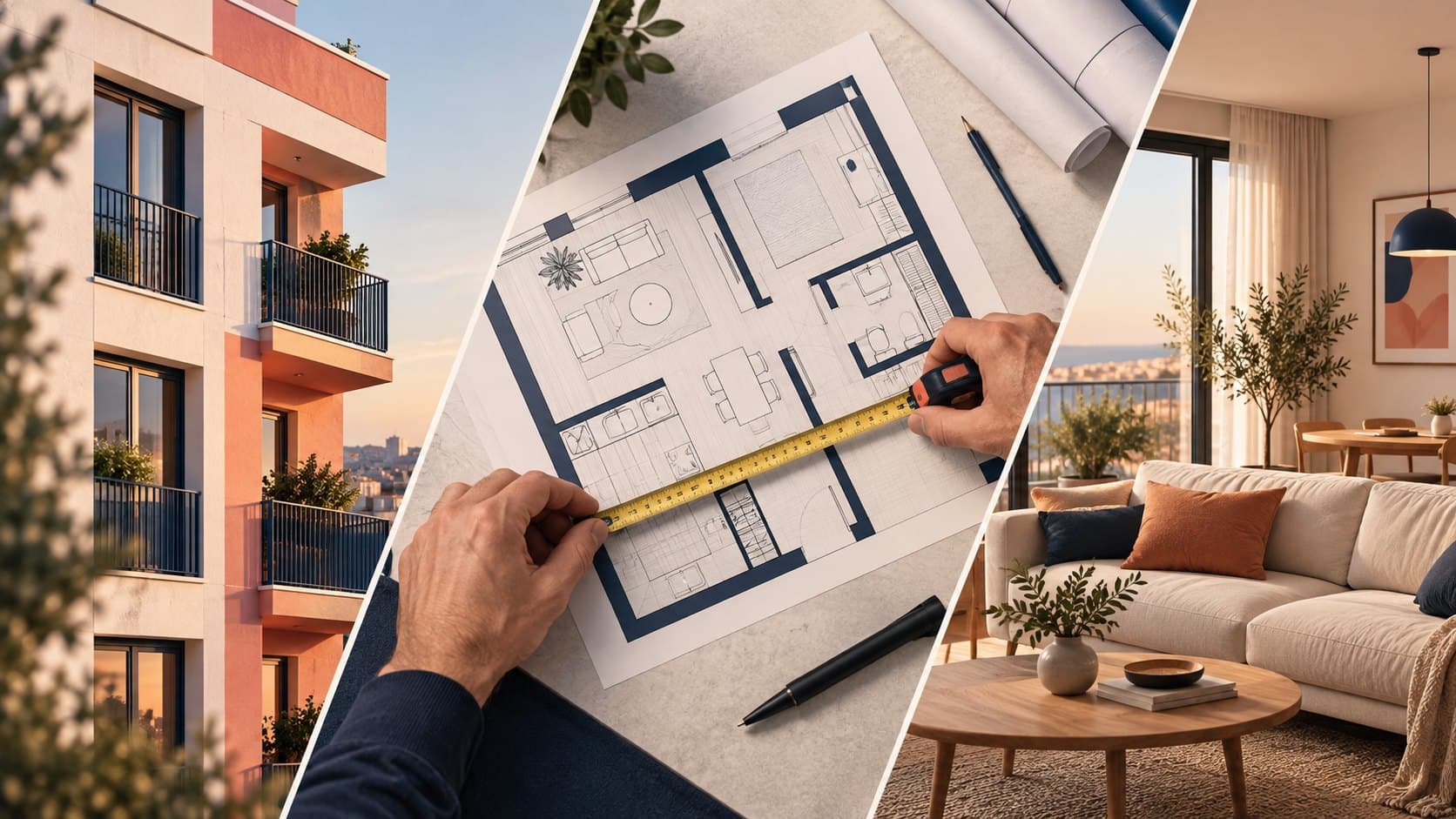 Ilustração editorial gerada com três perspetivas de uma habitação: fachada anunciada, medição e interior, em tons salmão, azul e branco.