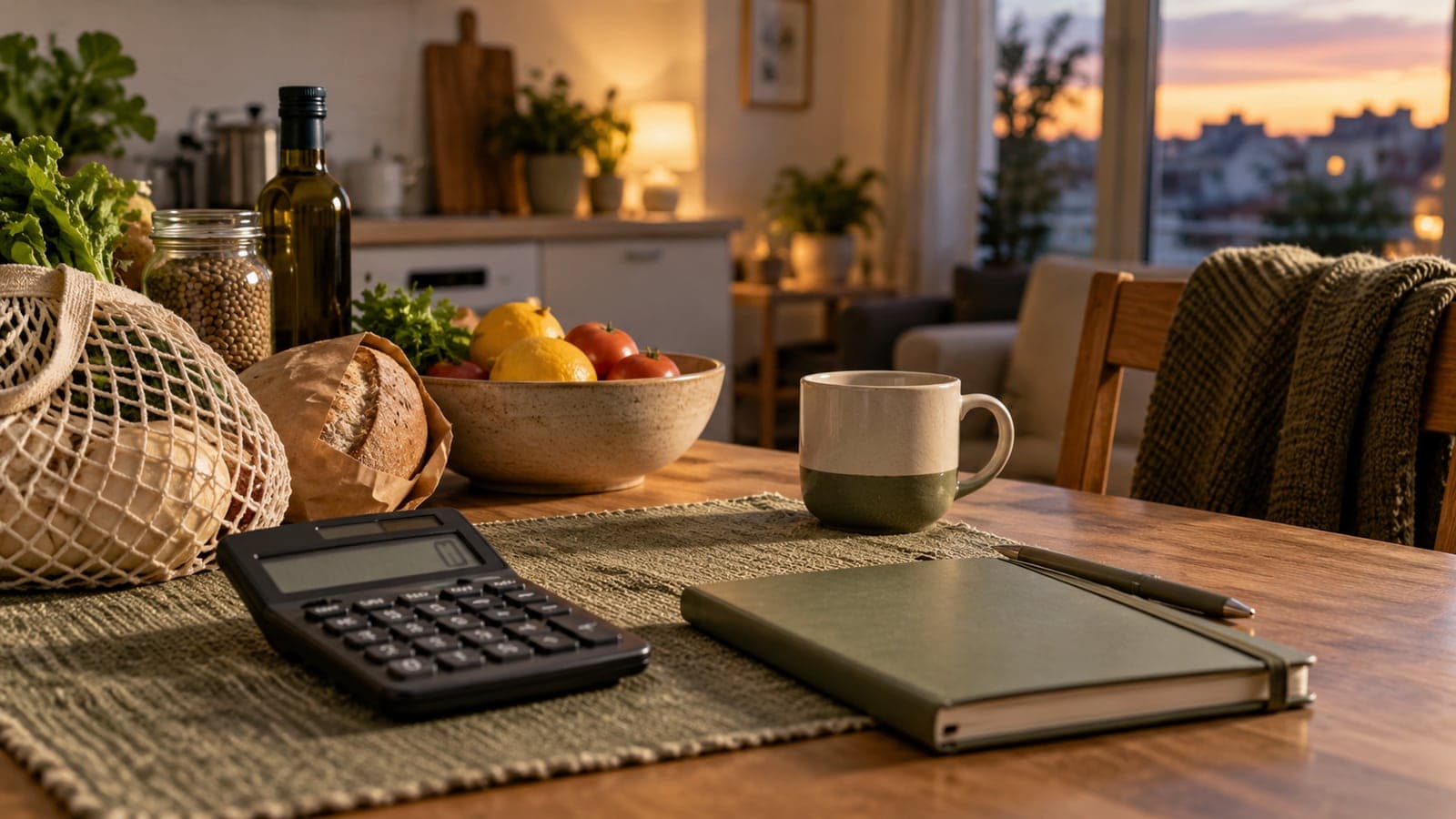 Ilustração gerada por IA de uma calculadora e compras do dia a dia numa mesa de cozinha, representando o orçamento doméstico.
