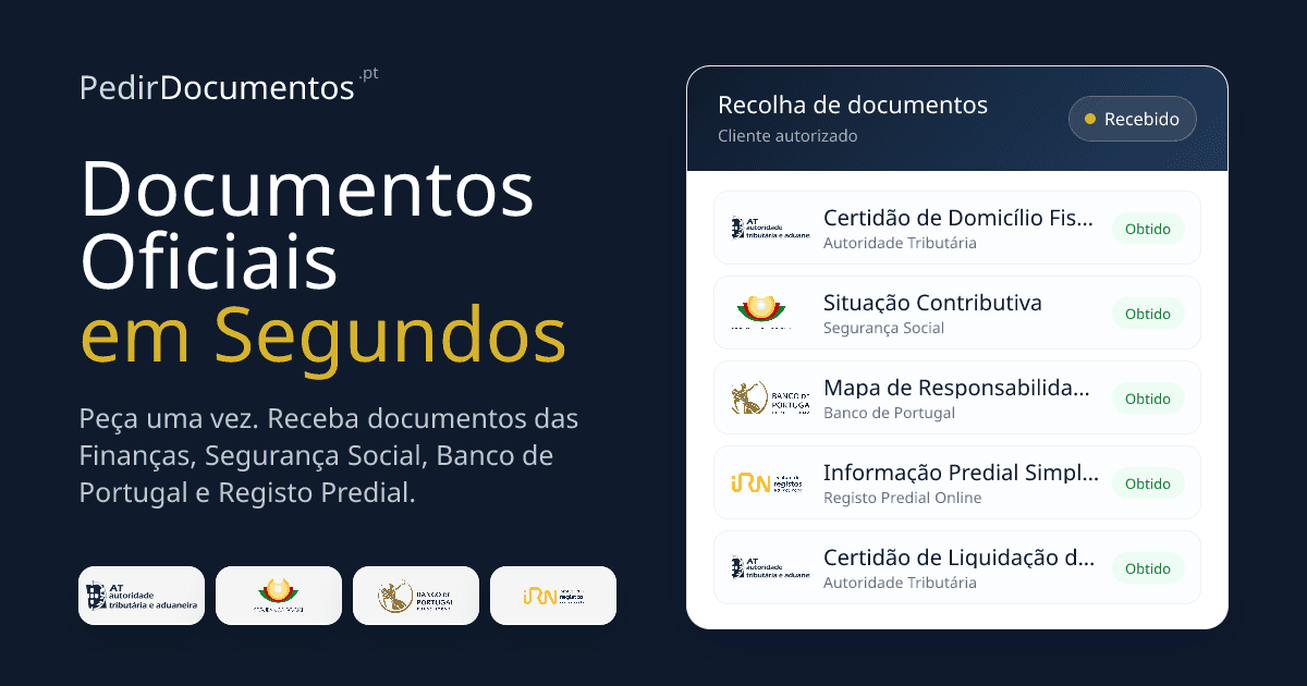 Capa promocional do PedirDocumentos.pt com uma lista ilustrativa de documentos, incluindo Informação Predial Simplificada marcada como obtida.