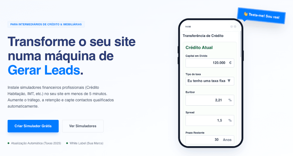 Capa promocional do SimulaSite com um simulador num telemóvel e taxas identificadas como valores de 2025.