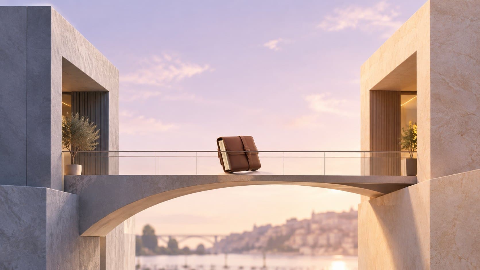 Ilustração conceptual gerada de uma pasta de documentos sobre uma ponte entre dois edifícios, em tons lilás e pedra clara.